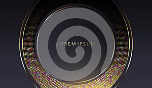 Abstract dark background with a round frame with a gold border and a sparkling mosaic