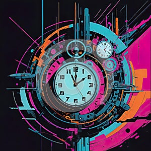 Abstract dark background on the theme of technology, symbolizing the operation of clocks and global interconnection