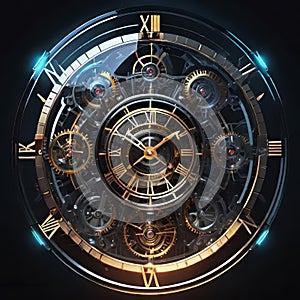 Abstract dark background on the theme of technology, symbolizing the operation of clocks and global interconnection