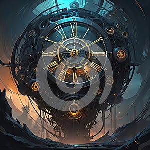 Abstract dark background on the theme of technology, symbolizing the operation of clocks and global interconnection