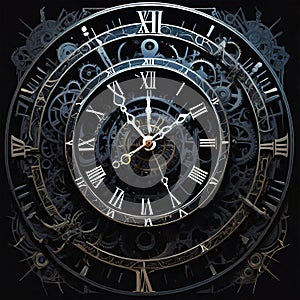 Abstract dark background on the theme of technology, symbolizing the operation of clocks and global interconnection