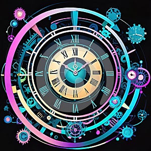 Abstract dark background on the theme of technology, symbolizing the operation of clocks and global interconnection