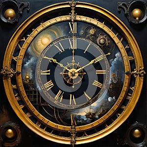 Abstract dark background on the theme of technology, symbolizing the operation of clocks and global interconnection