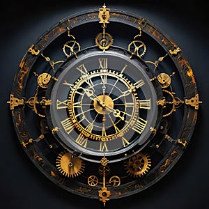 Abstract dark background on the theme of technology, symbolizing the operation of clocks and global interconnection