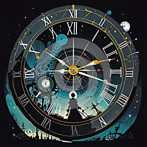 Abstract dark background on the theme of technology, symbolizing the operation of clocks and global interconnection