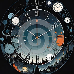 Abstract dark background on the theme of technology, symbolizing the operation of clocks and global interconnection