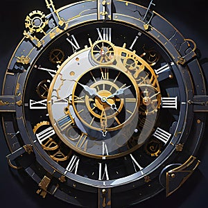 Abstract dark background on the theme of technology, symbolizing the operation of clocks and global interconnection