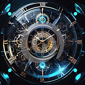 Abstract dark background on the theme of technology, symbolizing the operation of clocks and global interconnection