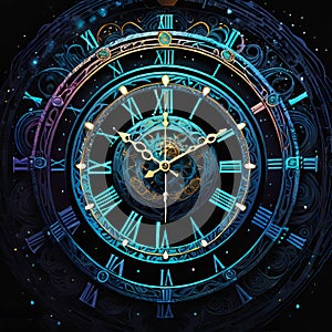 Abstract dark background on the theme of technology, symbolizing the operation of clocks and global interconnection