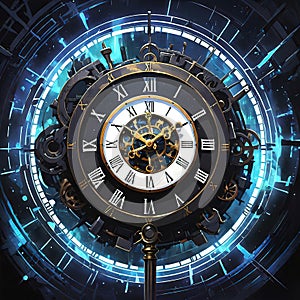 Abstract dark background on the theme of technology, symbolizing the operation of clocks and global interconnection