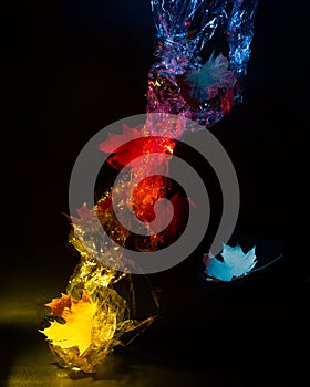 Abstract dark background with yellow, red blue color and autumn leaves