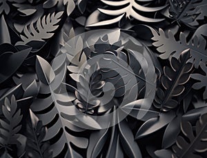 Abstract dark black metallic leaves background created with Generative AI technology