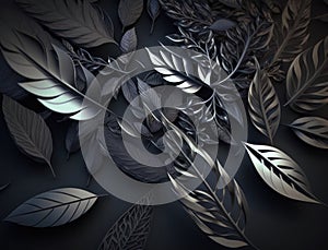 Abstract dark black metallic leaves background created with Generative AI technology