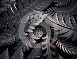 Abstract dark black metallic leaves background created with Generative AI technology