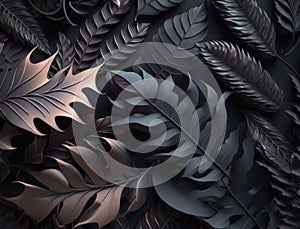 Abstract dark black metallic leaves background created with Generative AI technology