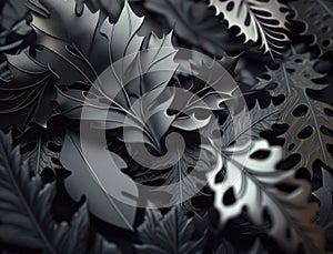 Abstract dark black metallic leaves background created with Generative AI technology