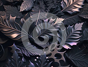 Abstract dark black metallic leaves background created with Generative AI technology