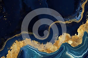 abstract dark blue background with golden foil. Artificial stone texture, fake agate, trendy marbled wallpaper, digital marbling