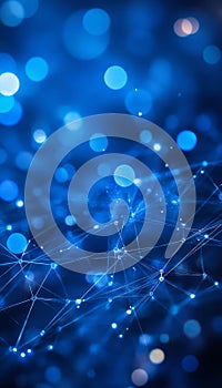 Abstract Dark Blue Data Network Structure with Interconnected Nodes, Dots, and Blurred Light Circles