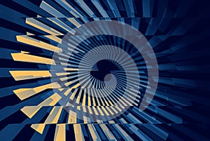 Abstract, dark-blue glitch spiral with optical circular motion and striped gradient distortion