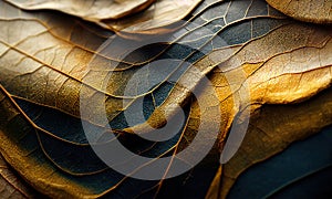 Abstract dark blue and gold fall wallpaper. Leaf texture with golden details for autumn. Shiny background with curvy organics