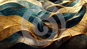 Abstract dark blue and gold fall wallpaper. Leaf texture with golden details for autumn. Shiny background with curvy organics