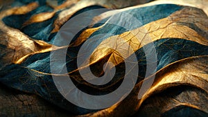 Abstract dark blue and gold fall wallpaper. Leaf texture with golden details for autumn. Shiny background with curvy organics