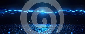 Abstract dark blue graphic with glowing lines, particles. Futuristic tech background design. Dynamic flowing lines create wave photo