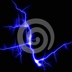 Abstract dark blue lighting natural thunder realistic magic overlay bright glowing effect on black