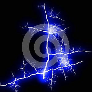 Abstract dark blue lighting natural thunder realistic magic overlay bright glowing effect on black