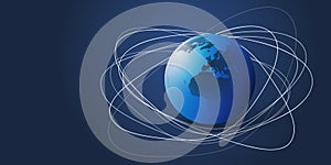 Abstract Dark Blue Minimal Style Sattellite Network Connections Design Concept with Oval Orbiting Lines Around Lit Earth Globe