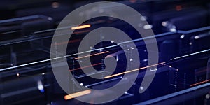 Abstract dark blue technological background with glowing orange and white lines bright