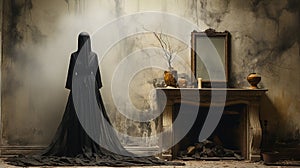 Abstract dark ghostly female figure standing against a stained wall near old fireplace with mysterious mirror - generative AI