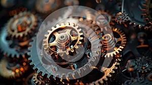 Abstract dark and gold Gears Background, steampunk and gear wheels composition, Generative AI