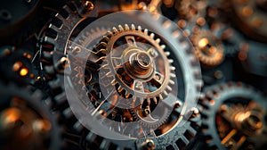 Abstract dark and gold Gears Background, steampunk and gear wheels composition, Generative AI