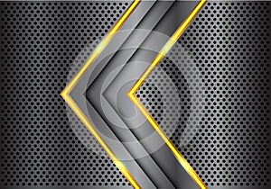 Abstract dark gray yellow line light arrow on metal circle mesh design modern luxury futuristic background vector