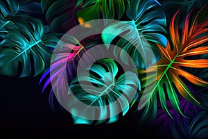 Abstract of dark green tropical leaves in neon colour