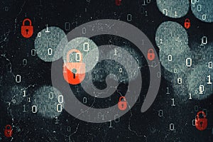 Abstract dark hacking backdrop with bokeh circles and binary coding. Malware and phishing, data theft concept.