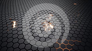 Abstract dark hexagonal grid pattern with glowing light emerging from disruption