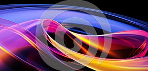 Abstract dark holographic iridescent neon background fluid liquid glass curved wave in motion 3d render. Gradient design element