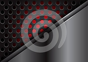 Abstract dark metal plate overlap on circle mesh and red light inside design modern futuristic background vector