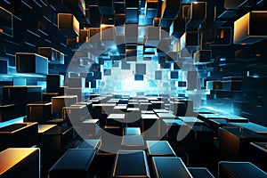 abstract dark mosaic background with many blue and golden block shapes and light effect, in the style of 3D rendering, digital art