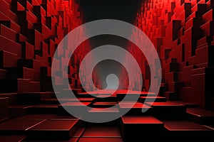 abstract dark mosaic background with many red and black block shapes and light effect, in the style of 3D rendering, digital