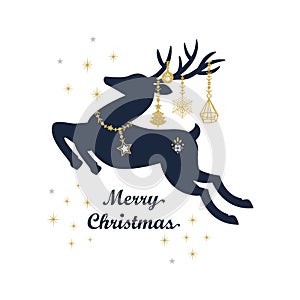 Abstract dark navy blue and golden silhouette jumping reindeer with cute hanging holiday ornaments