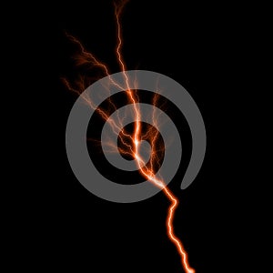 Abstract dark orange lighting natural thunder realistic magic overlay bright glowing effect on black