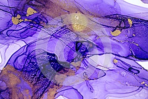 Abstract dark purple stains background. Violet and gold watercolor ink pattern. Copyspace.