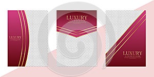 Abstract dark red luxury background with golden lines in paper cut style. Vector business card, poster or banner template set