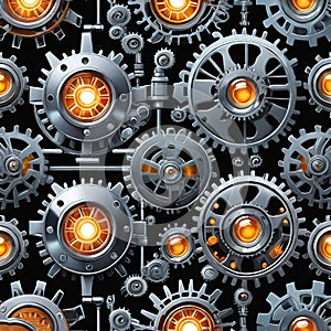 Abstract dark technology background, Colorful seamless pattern with gears and machine parts