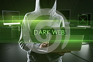 Abstract dark web text over hacker holding and using laptop computer on blurry background. Hacking and attack concept. Double