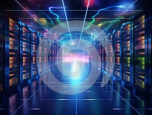 Abstract data center background, database in terminal storage. Hardware server room, cloud computing, networking and hosting in